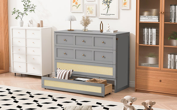 English Elm Full Size Murphy Wall Bed Cabinet with Rattan Panel Detailing and Storage Drawers Gray N708P336203E