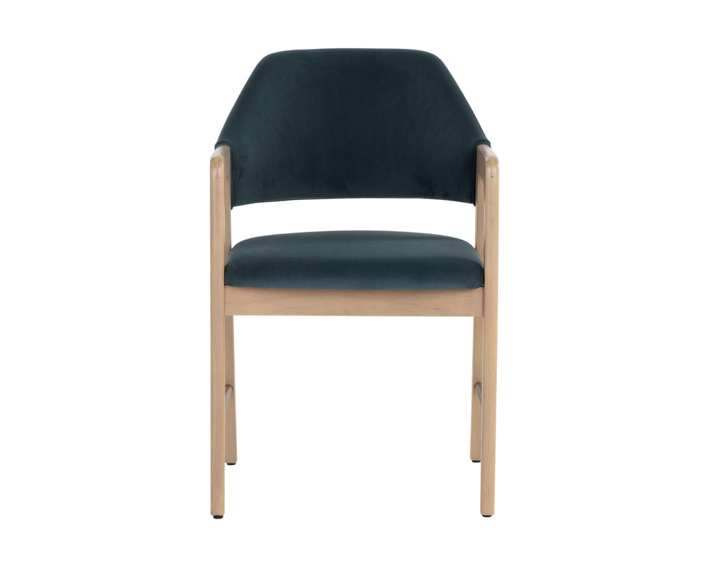 Sunpan Milton Dining Armchair - Chic Mid-Century Modern Design with Solid Rubberwood Frame & Brass Stretchers Light Wash / Meg Dusty Teal