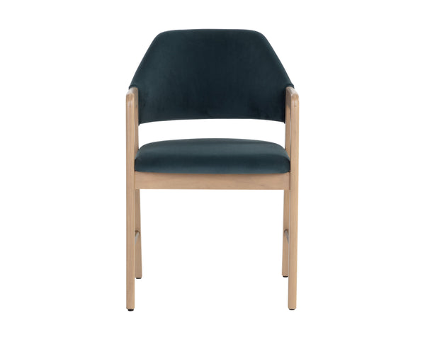 Sunpan Milton Dining Armchair - Chic Mid-Century Modern Design with Solid Rubberwood Frame & Brass Stretchers Light Wash / Meg Dusty Teal
