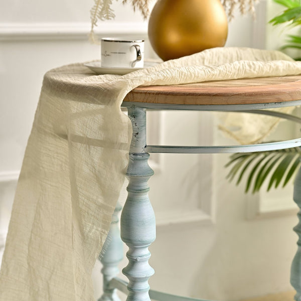 English Elm Easy Assembly Round Carved Wood End Table Rustic Distressed Finish for Living Room W3933P379165