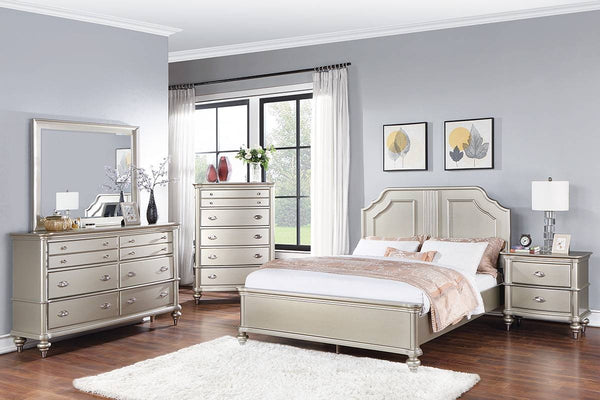 English Elm Traditional Eastern King Bed Carved Two Panel Headboard Satin Silver Formal Bedroom B011S02128