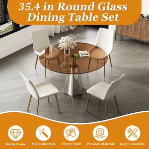 English Elm 35 Inch Round Glass Dining Set Mid Century 5 Piece with Flared Base Pu Chairs W2700S00081