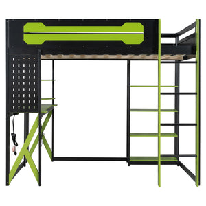 English Elm Full Size Loft Bed with Rgb Lighting Chevron Desk Usb Charging Ports and Storage Shelves Black+Green LT000286AAG