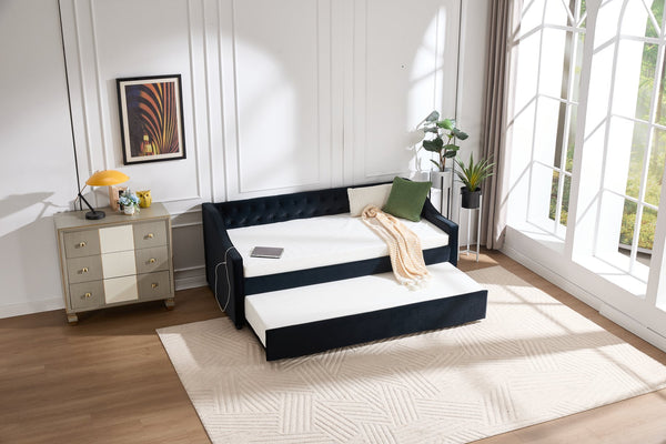 English Elm Twin Velvet Daybed with Pull Out Trundle Tufted Back Usb Port and Side Pockets Black W1361S00039