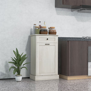 English Elm HOMCOM Tilt-Out Kitchen Trash Cabinet with Drawer and Oak Top Space-Saving Pet-Safe Organizer Light Gray W2225P229590