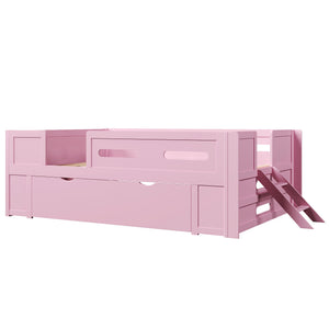 English Elm Wood Twin Platform Bed for Kids with Fence Guardrail and Under Storage Drawer Pink N709P385776H