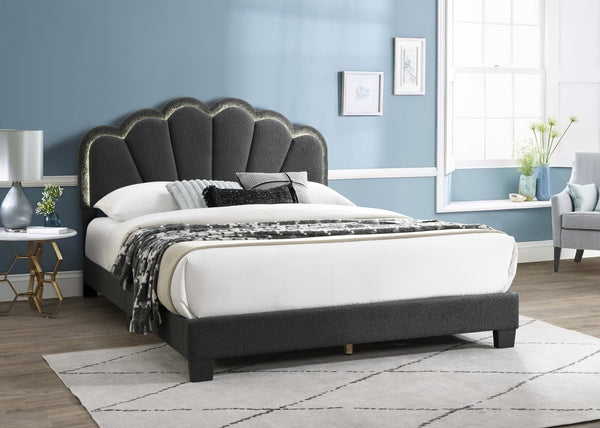 English Elm 1pc Queen Size Bed Wool Upholstered Platform with Channel Tufted Headboard and Built‑In LED Lighting Charcoal 66 L x 30 W x 10 H B011P238975