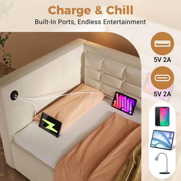 English Elm Upholstered Twin Daybed with Hydraulic Storage, Velvet Tufted Sofa Back, USB & Type-C Charging Port Beige N736P303402B