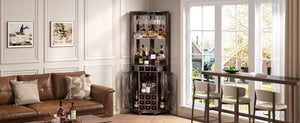 English Elm 67.3" Farmhouse Corner Bar Cabinet Led Lit Wine Storage with Built-in Power Outlets N735P361429D