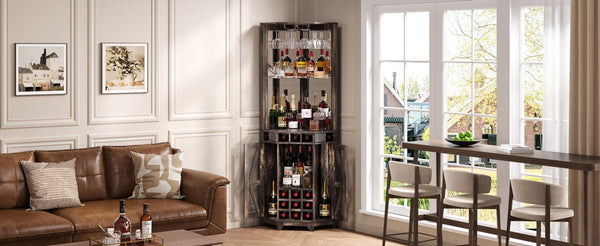 English Elm 67.3" Farmhouse Corner Bar Cabinet Led Lit Wine Storage with Built-in Power Outlets N735P361429D