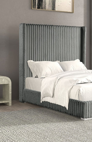 English Elm Gray Contemporary Queen Bed with Fur Chenille Upholstery, Mattress-Ready, Engineered Wood Frame Gray 80 L x 60 W x 9 H B2741P320863