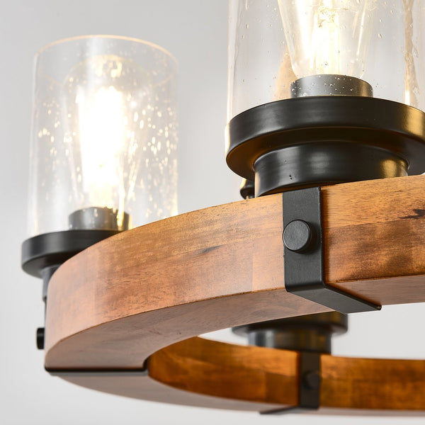 English Elm 23.62 Inch Wagon Wheel Chandelier Wood Metal Frame Seeded Glass Farmhouse Dining W5008P390657