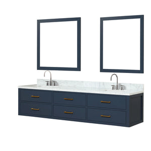 English Elm Blue Double Bath Vanity Set With Carrara Marble Top, Chrome Faucets & 36" Mirrors - Elegant Style! B2731S01837