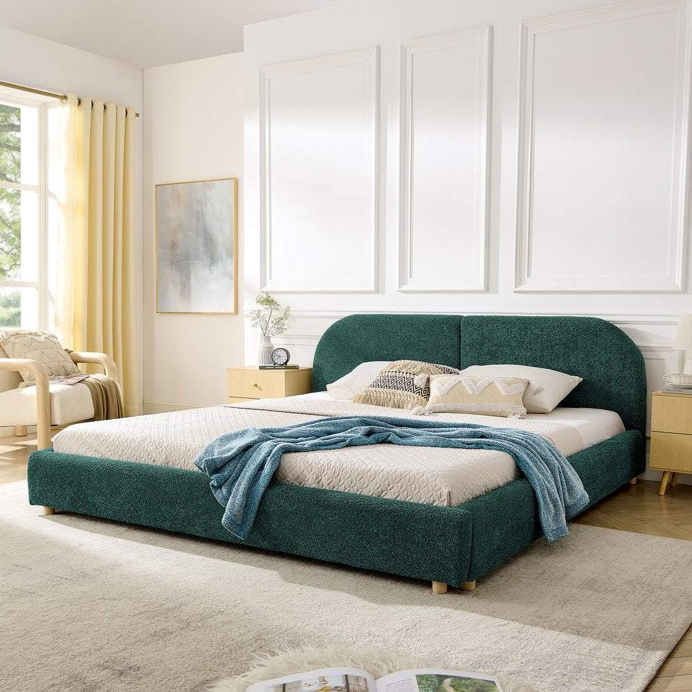English Elm King Platform Bed Fully Upholstered in Plush Chenille with Low Profile Modern Frame Green W487S00475