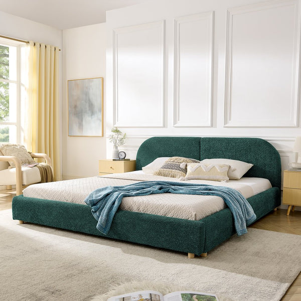 English Elm King Platform Bed Fully Upholstered in Plush Chenille with Low Profile Modern Frame Green W487S00475