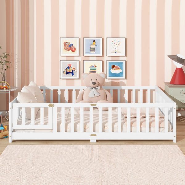 English Elm Full Size Rubberwood Floor Bed with Safety Guardrails and Latching Door for Toddlers White W504P429297