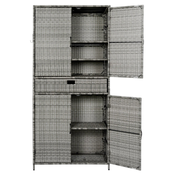 English Elm K&k Tall Arched Pe Rattan Outdoor Storage Cabinet with Adjustable Shelves and Steel Frame Grey N707P420102G