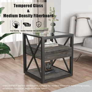 English Elm 1 Modern End Table With Drawer - Industrial Rustic Wood & Glass Nightstand, Compact Storage Solution W241P246916