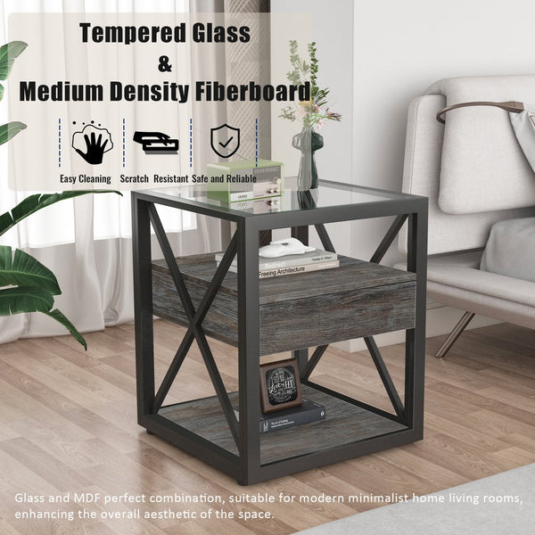 English Elm 1 Modern End Table With Drawer - Industrial Rustic Wood & Glass Nightstand, Compact Storage Solution W241P246916