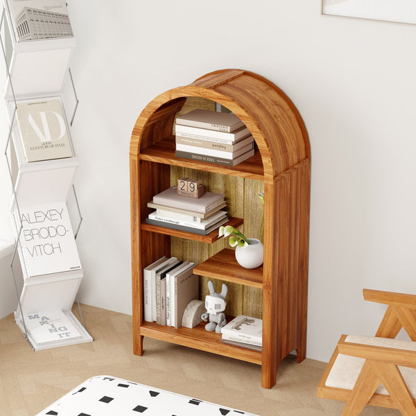 English Elm 4-tier Arched Freestanding Bookcase with Lattice Doors Open Display and Cabinet Storage W3123P485377