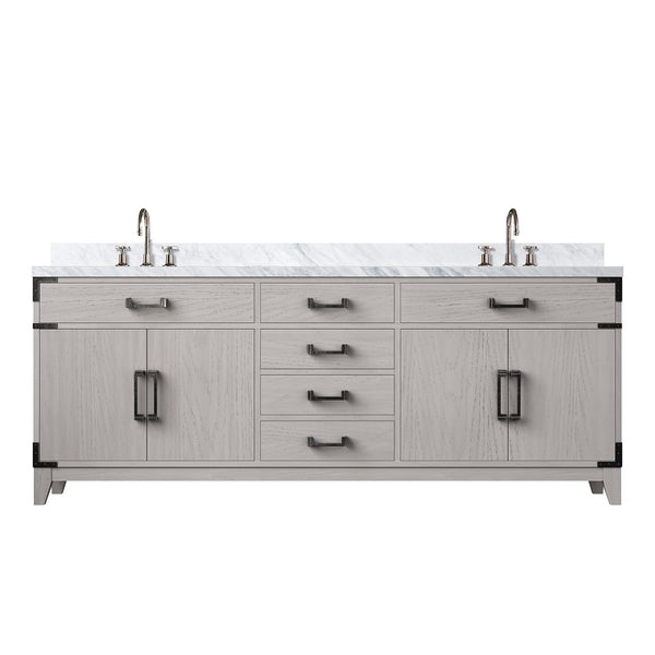 English Elm White Oak Double Bath Vanity With Carrara Marble Top, Chrome Faucet – Stylish & Spacious Design! B2731P259948-GIGA