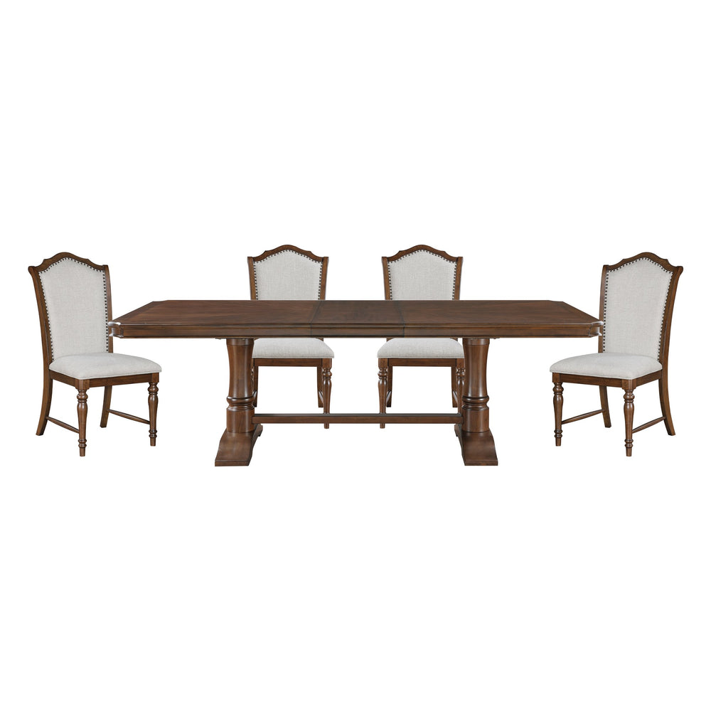English Elm Formal Cherry Trestle Dining Set with Nailhead Chairs and Self Storing Extension Leaf B011S01372