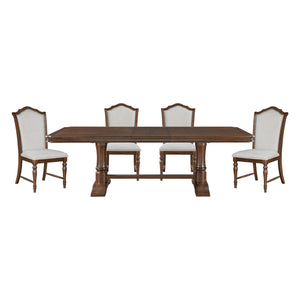 English Elm Formal Cherry Trestle Dining Set with Nailhead Chairs and Self Storing Extension Leaf B011S01372