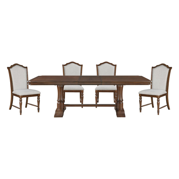 English Elm Formal Cherry Trestle Dining Set with Nailhead Chairs and Self Storing Extension Leaf B011S01372