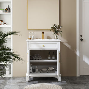 English Elm 27.8" Mid-century Freestanding Bathroom Vanity with Ceramic Sink Drawer and Wood Base White W1801S00004