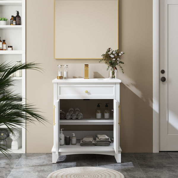 English Elm 27.8" Mid-century Freestanding Bathroom Vanity with Ceramic Sink Drawer and Wood Base White W1801S00004