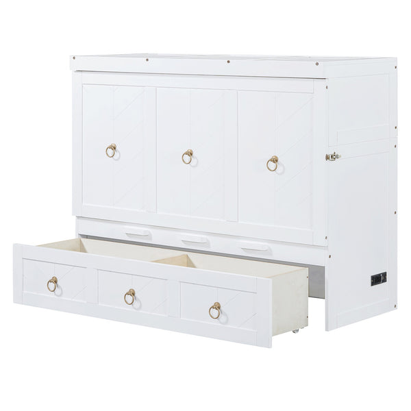 English Elm Full Size Murphy Bed Cabinet with Usb Charging Drawer and Pine Wood Frame White LP000427AAK