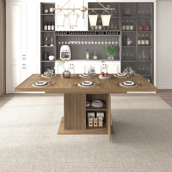 English Elm Expandable Black Brown Dining Table with Storage — Modern Extendable Minimalist Table for 6–10 Guests W1347S00014