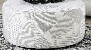 English Elm Round 37.5" Upholstery Ottoman with Geometric Pattern, Gray & Navy Finish, Transitional Accent Seat B2741P355220