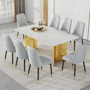 English Elm Table With Elegant Glass Top & 8 Comfortable Pu Chairs - Modern Marble Pattern & Gold Legs Set W1151S04354-GIGA