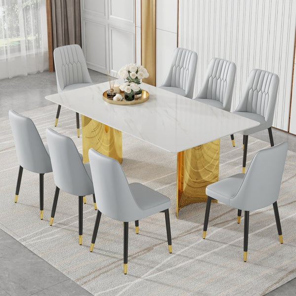 English Elm Table With Elegant Glass Top & 8 Comfortable Pu Chairs - Modern Marble Pattern & Gold Legs Set W1151S04354-GIGA