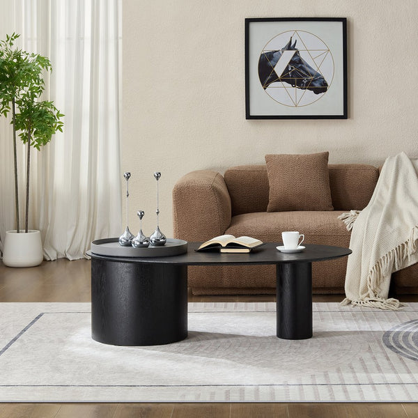 English Elm Modern Oval Ash Veneer Coffee Table with Hidden Storage for Minimalist Living Rooms Black,Grey W2085S00105