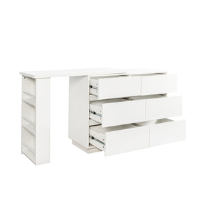 English Elm L-Shaped Adjustable Desk and Vanity Combo with 6 Drawers, Expandable Top, Triple Shelves for Office Makeup W331P286247