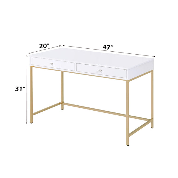 English Elm Ottey Gloss White Vanity Desk with Gold Metal Legs, 2 Drawers, High-Gloss MDF Top, Contemporary Design B2726P315732