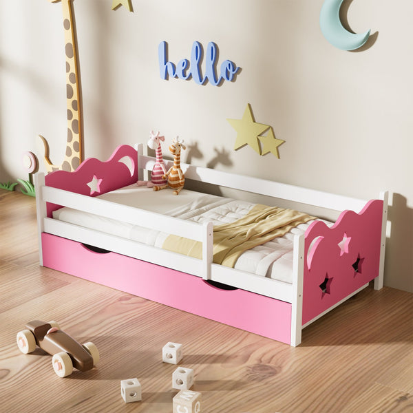 English Elm Kid's Twin Bed Frame Bamboo Mdf Build Star Moon Cutouts White Finish Toddler Bedroom W2992S00007