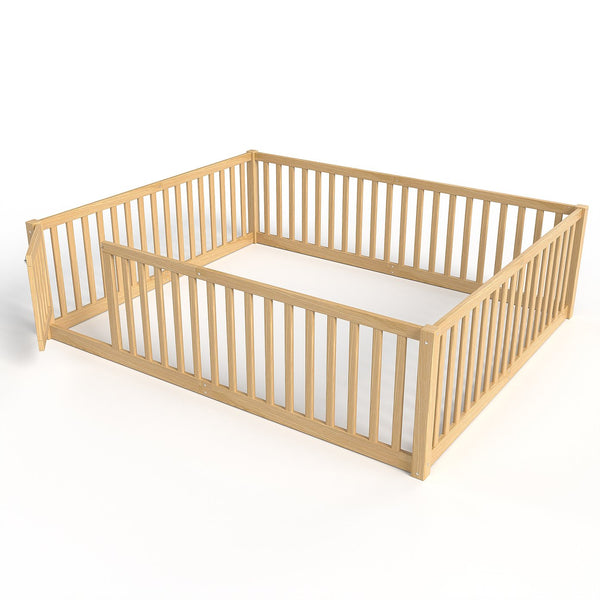 English Elm Queen Kids Floor Bed Pine Wood Frame with Safety Rails Door and Low Profile Design Natural W1580P417673
