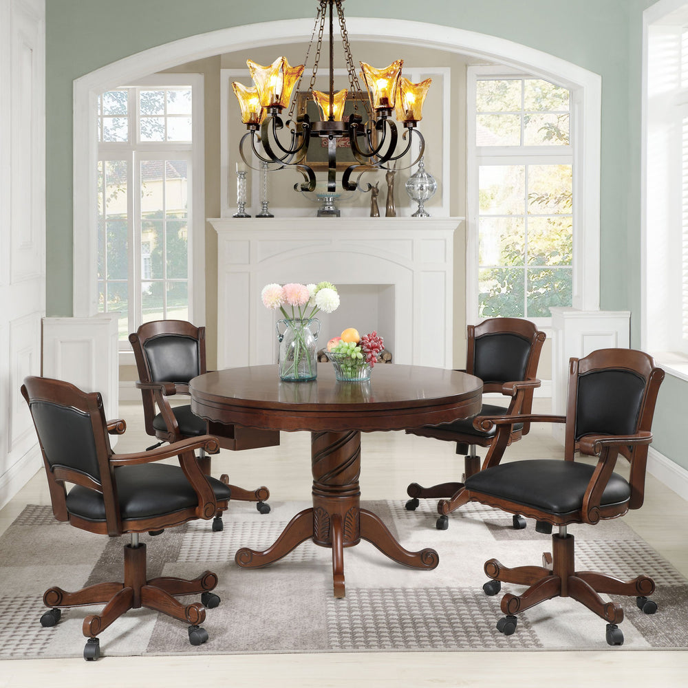 English Elm Chilmark Five Piece Game Set with Carved Pedestal Base and Leatherette Caster Chairs B062S00895