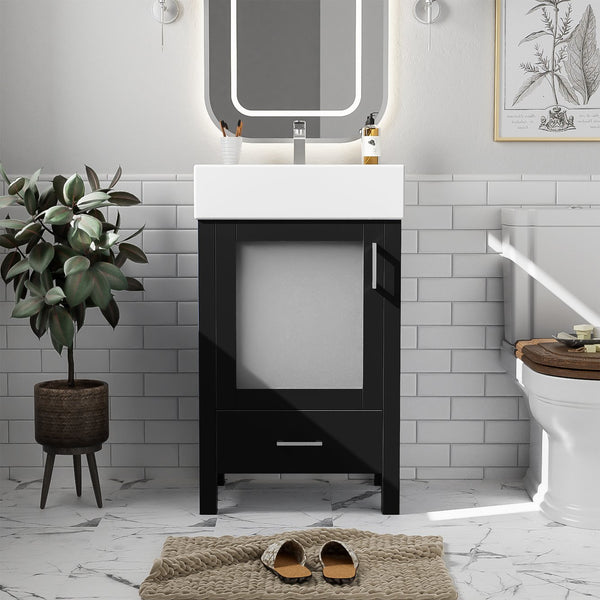 English Elm 20-Inch modern bathroom vanity with ceramic sink, soft-close door and ample storage for small spaces Black WF324691AAB