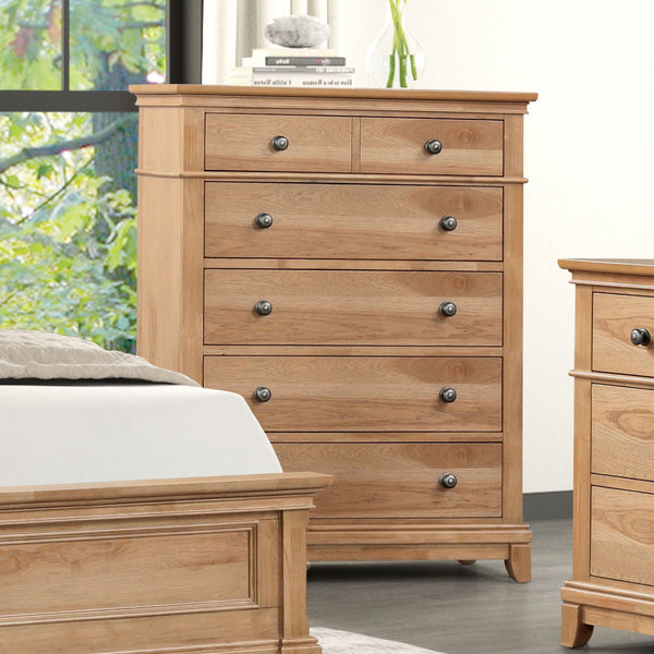 English Elm Farmhouse 1pc Chest 6-Drawer Dovetail Construction Felt-Lined Top Drawer Metal Glides Oak Finish B2741P369851