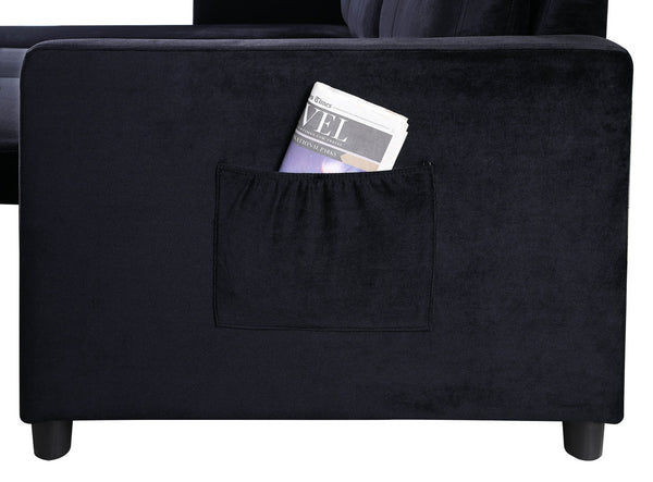 English Elm Iride Velvet Sleeper Sectional with Reversible Storage Chaise for Compact Living Rooms Black B2749S00196