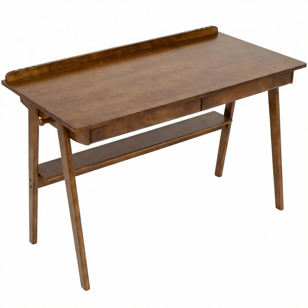 English Elm Solid Wood Writing Desk Mid Century Walnut Finish Two Drawers Shelf and Side Hooks W3204P465630