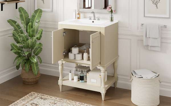 English Elm 24'' French Style Bathroom Vanity with Ceramic Sink Soft Close Cabinet and Drawer Beige N710P411341Y