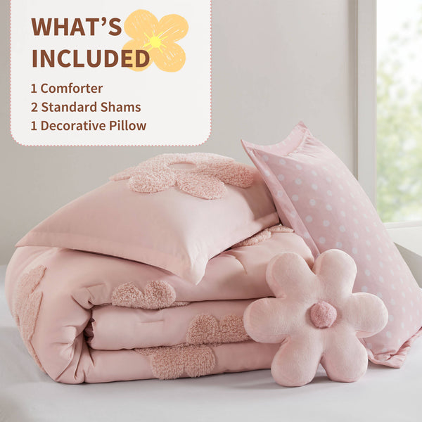 English Elm 4-piece Reversible Tufted Chenille Floral Comforter Set with Decorative Flower Pillow B035P408214