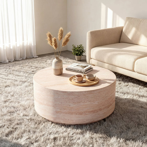 English Elm 27.5" Round Mgo Coffee Table Travertine Stone Finish Indoor Outdoor Patio Use N772P306665T