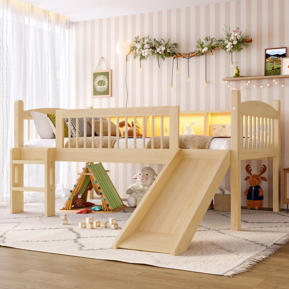 English Elm Twin Low Loft Bed Solid Pine Frame with Built-in Led Lighting and Storage Shelves Natural W1580P395930