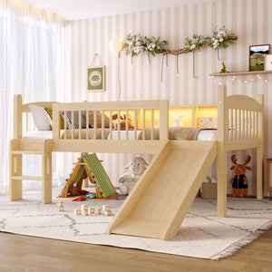 English Elm Twin Low Loft Bed Solid Pine Frame with Built-in Led Lighting and Storage Shelves Natural W1580P395930